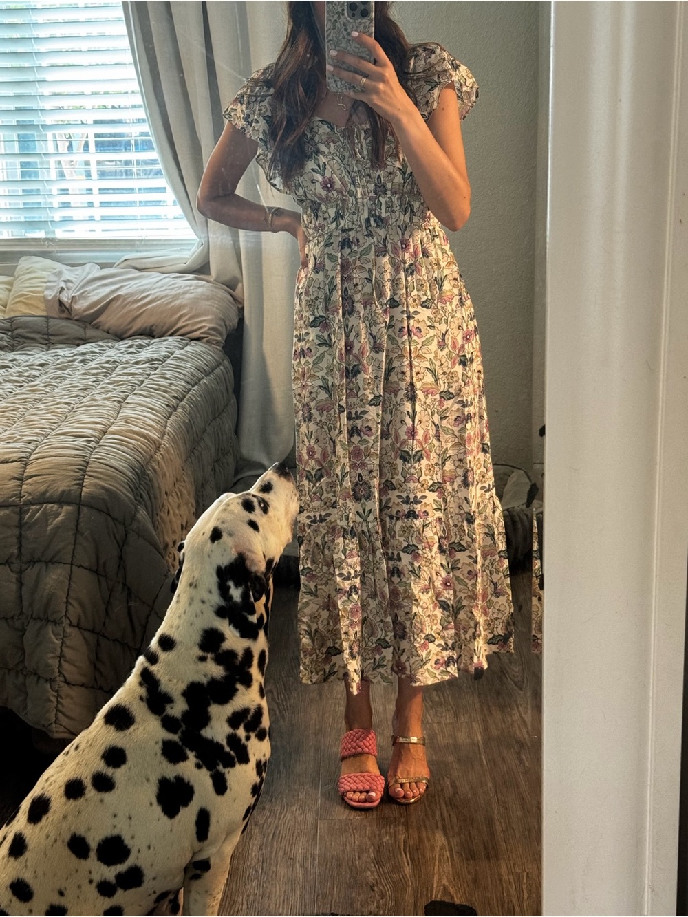 Rachel Zoe Cream Floral Midi Dress with Pink and Green Print